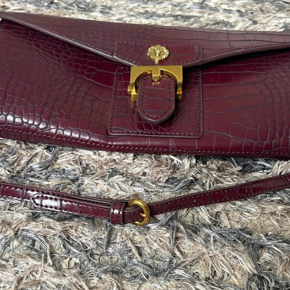 Anne Klein Burgundy Croc-Embossed Clutch Removable Shoulder Strap